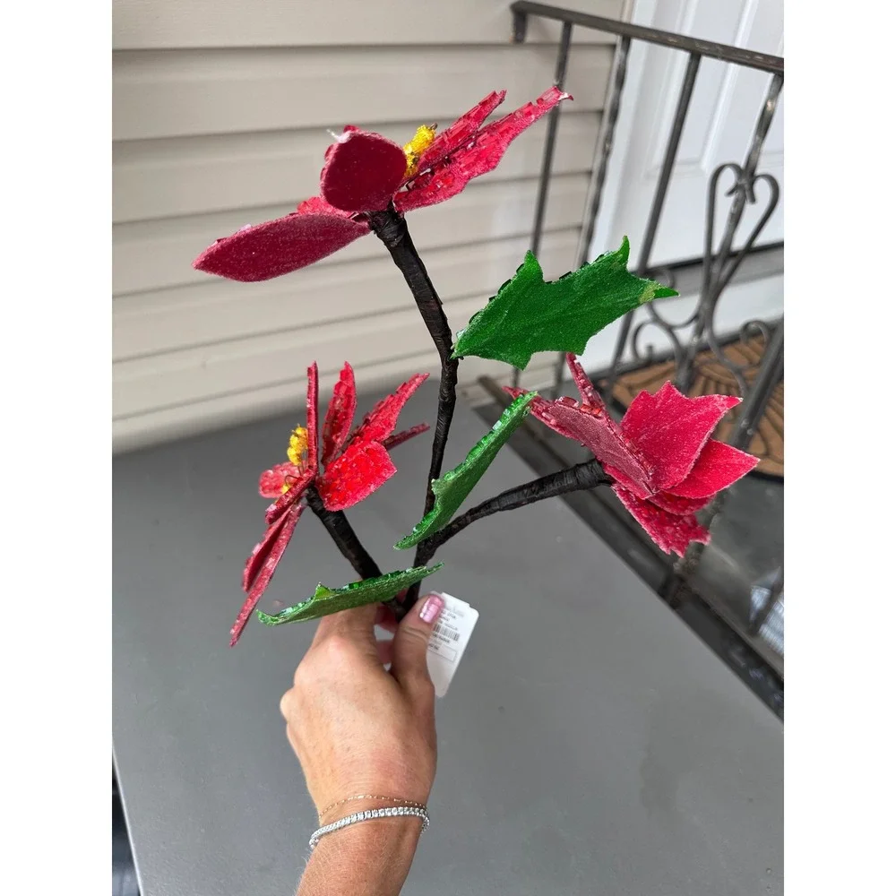 Neiman Marcus Red Beaded Poinsettia Christmas Floral Stem 31 Inch Holiday Decor